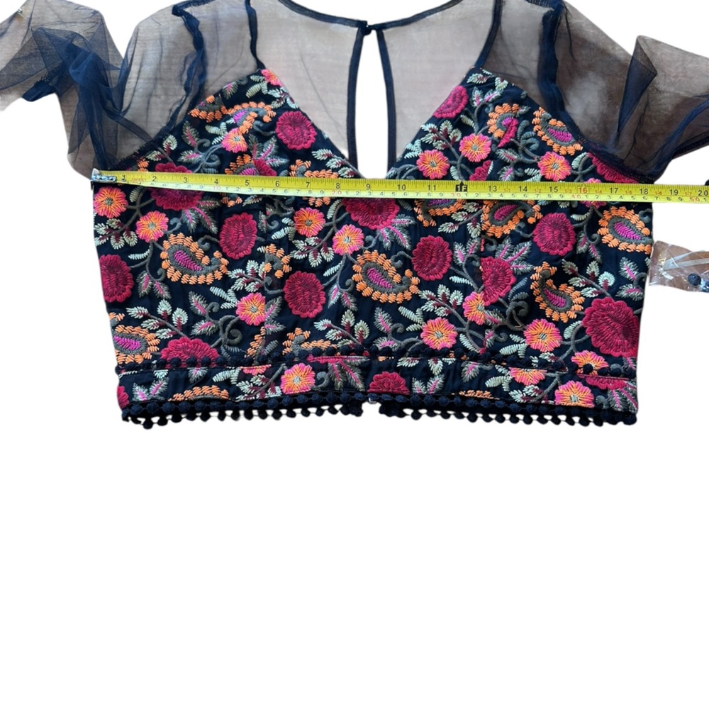 LUXXEL Embroidered Mesh Crop Top Sheer Sleeve Bustier Festival NWT M/L Summer - Picture 7 of 14